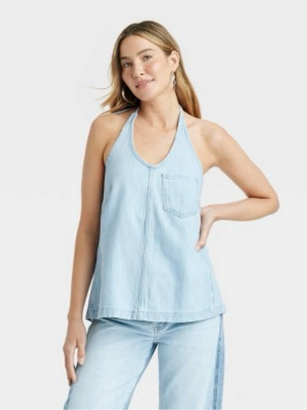 Women’s Light Wash Denim Halter Top Size XS Blue Open Back Western Boho Festival